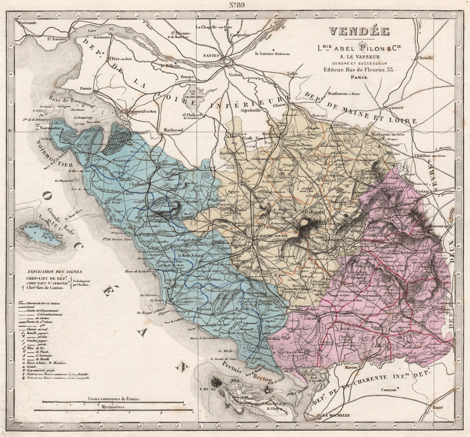 VENDÉE department. Battlefields/dates, resources & minerals. LE VASSEUR 1876 map